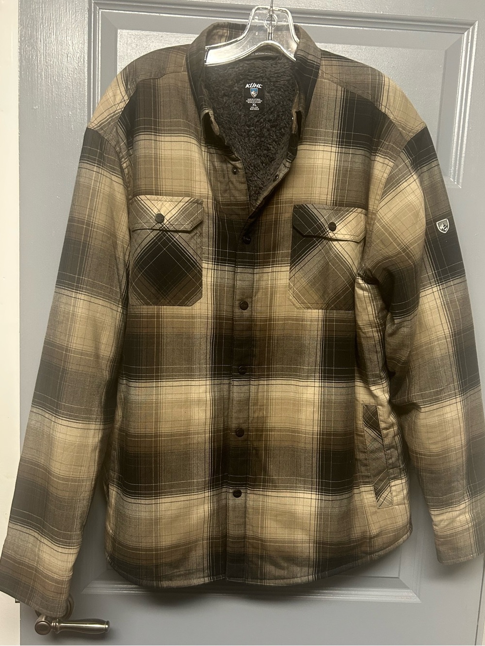 KUHL “Joyrydr” Shirt-Jack. Fleece lined. Size XL. Black/tan plaid EUC